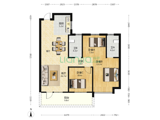 楚天都市鑫园 3室1厅2卫 108平方