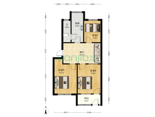 潍城军休二所 3室1厅1卫 75平方