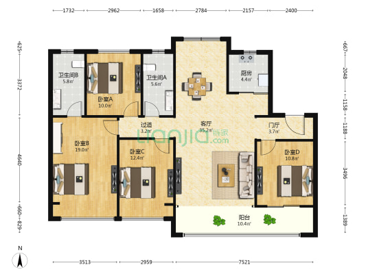 中海左岸国际 4室1厅2卫 139平方