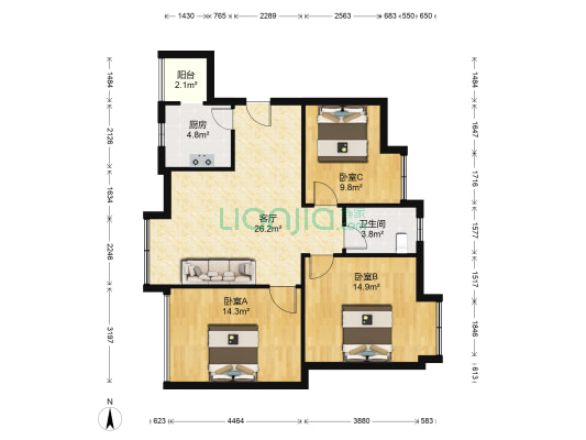 天籁福 3室1厅1卫 95平方
