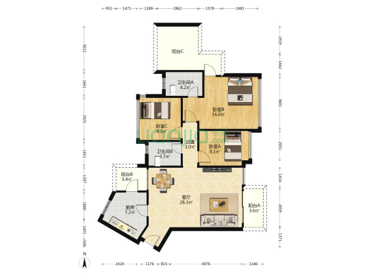 银湖山庄三期 3室1厅2卫 117平方
