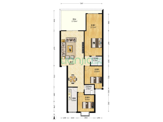 星苑小区 3室1厅2卫 99平方