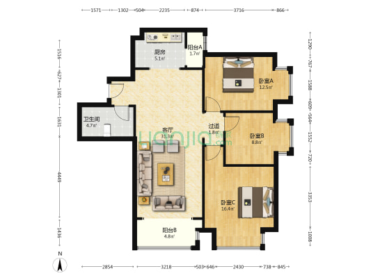 会展城上城三期范特区 3室1厅1卫 120平方