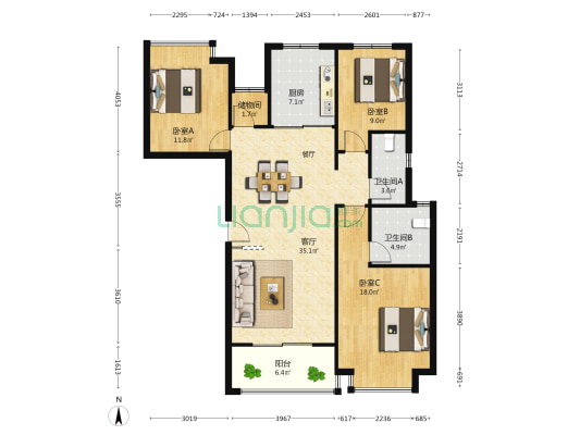 南昌中金国际交易中心 3室1厅2卫 136平方