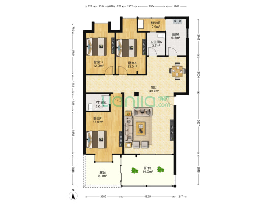 力德名仕花园 3室1厅2卫 134平方