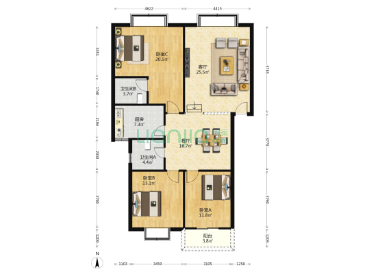 教师公寓 3室2厅2卫 125平方