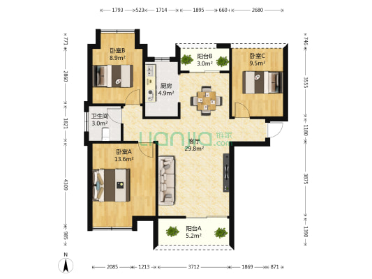 合一中央城 3室1厅1卫 89平方