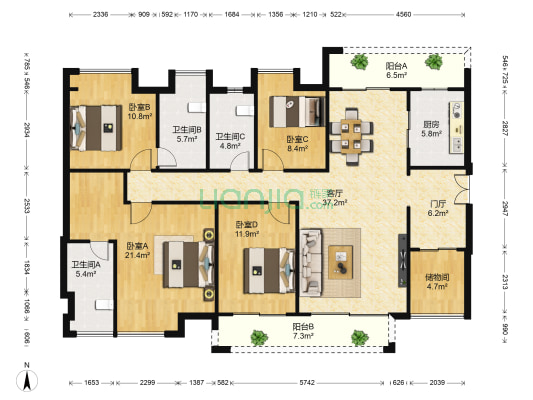 恒大翡翠华庭 4室1厅3卫 143平方