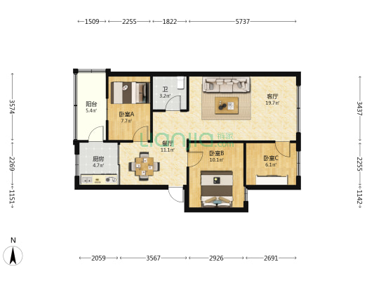 刘家营生活区 3室2厅1卫 78平方