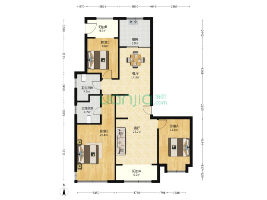 融创臻祺园 3室2厅2卫 156平方