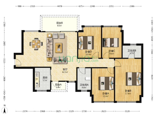 翰香悦府 4室1厅2卫 139平方