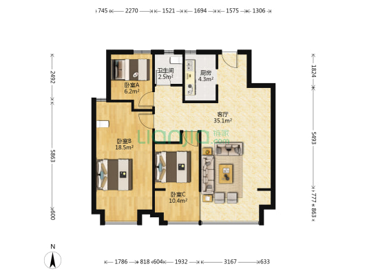 国贸景成 3室1厅1卫 103平方