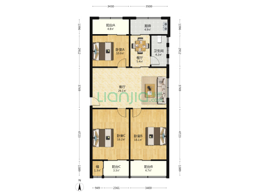 紫园小区  3室2厅1卫 121平方