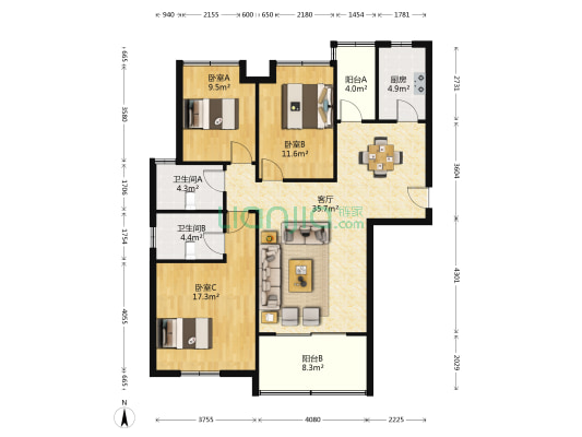 中航城·波西塔诺 3室1厅2卫 125平方