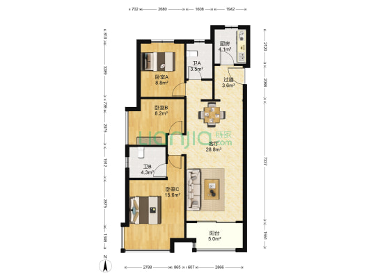 普天合电world庐州公馆 3室1厅2卫 104平方