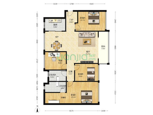 中海寰宇天下D区 4室1厅2卫 128平方