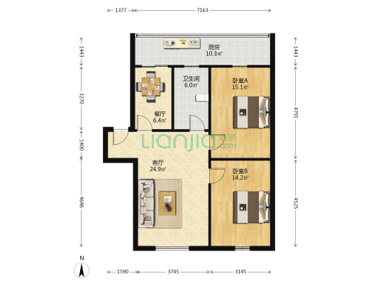 天胜小区 2室2厅1卫 92平方