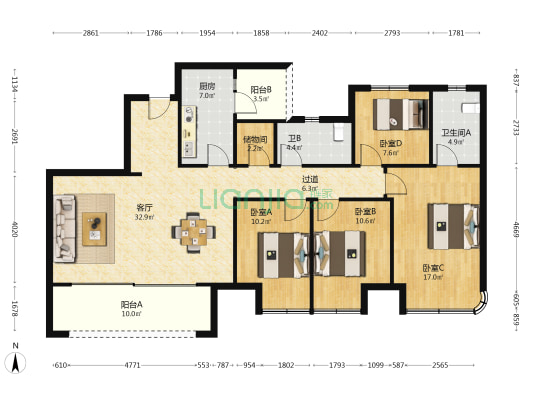 香港置地衿湖翠林云峯三期 4室1厅2卫 138平方