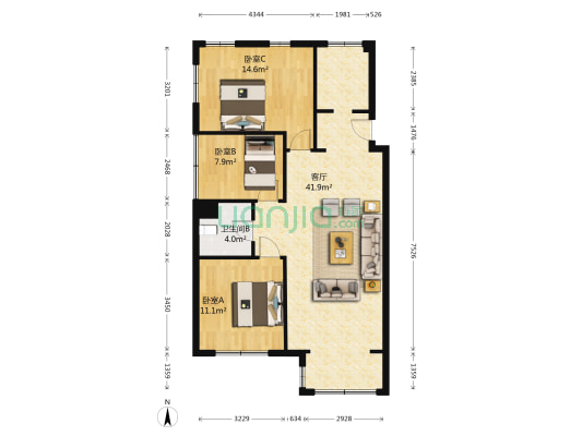 万达·江畔华城B区 3室1厅1卫 103平方