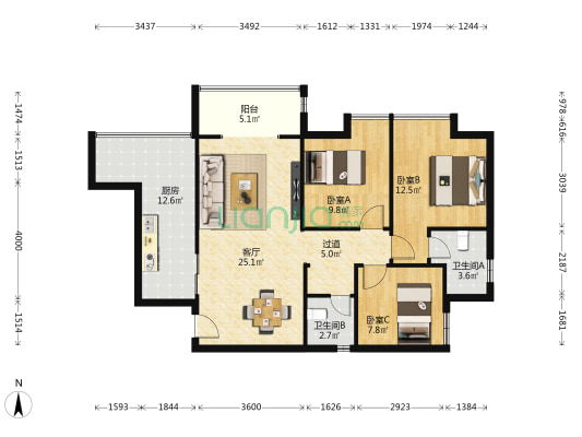 上城三期 3室1厅2卫 98平方
