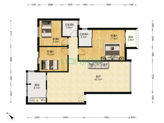 万科四季花城蔷薇苑 3室1厅2卫 110平方