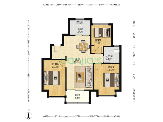 中骏合景柏景湾 3室1厅1卫 84平方