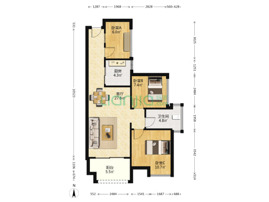 邻近新天虹 电梯小三房 南向 精装修自住房-户型图