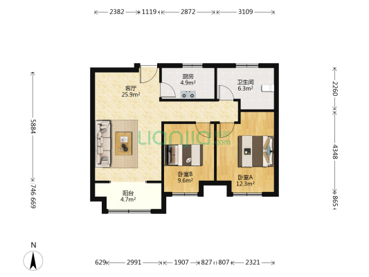 星港嘉苑 2室1厅1卫 87平方