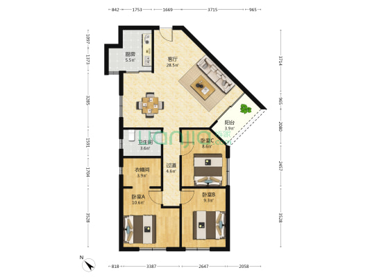 天元大厦 3室1厅1卫 109平方