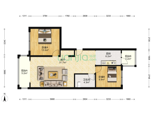 嘉兴闽江国际 2室1厅1卫 100平方