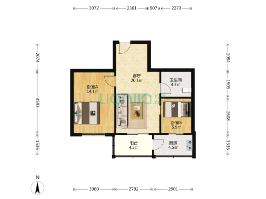 河畔公寓 2室1厅1卫 64平方