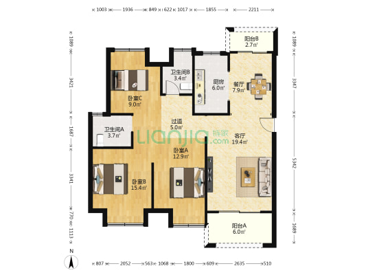 龙湖春江郦城 3室2厅2卫 129平方