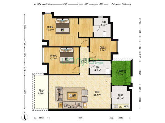 富力广场 3室1厅2卫 124平方