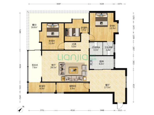 凌湖新苑 4室2厅2卫 126平方