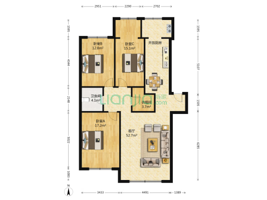 天泰翰宇苑 3室1厅1卫 132平方
