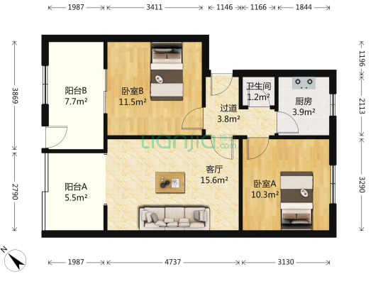 玉泉街20号 2室1厅1卫 53平方