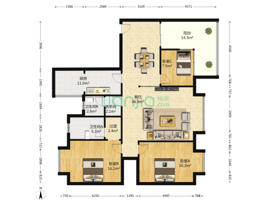 万树森林二期 3室1厅3卫 130平方