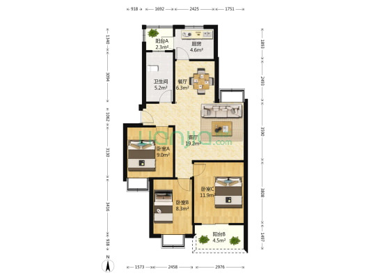 松涛苑A区 3室2厅1卫 87平方