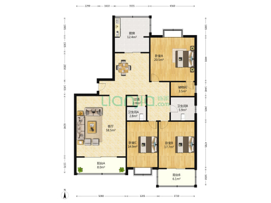 中国人民银行家属楼 3室1厅2卫 195平方
