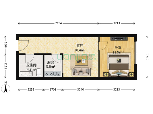 中央公馆 1室1厅1卫 58平方