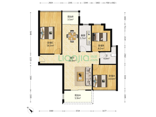 梧桐春晓花园 3室1厅1卫 63平方