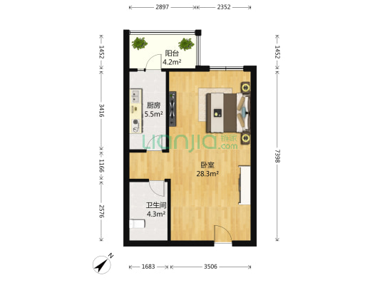 黄忠爱丽舍 1室0厅1卫 56平方