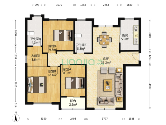远洋广场 3室1厅2卫 136平方