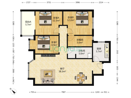 瑞通凯域 3室1厅1卫 105平方