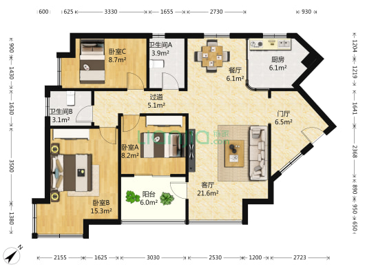 香港路浅水湾 3室2厅2卫 118平方
