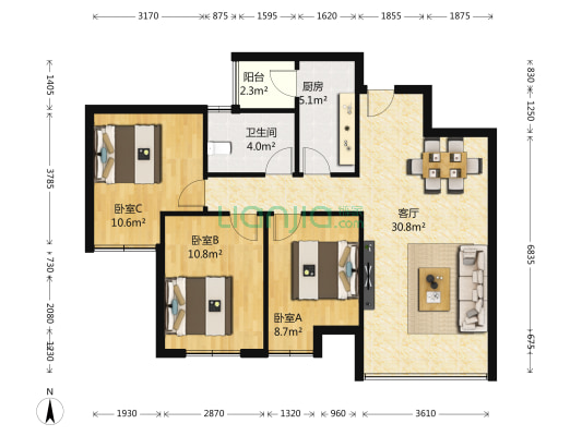 交大香悦 3室1厅1卫 85平方