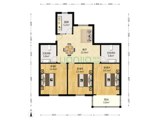 东大村K区 3室1厅2卫 110平方