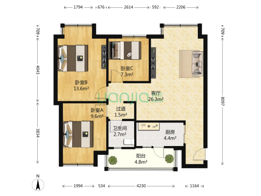 领都 3室1厅1卫 93平方