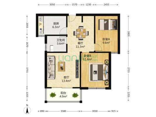 信诚丽都苑 2室2厅1卫 85平方