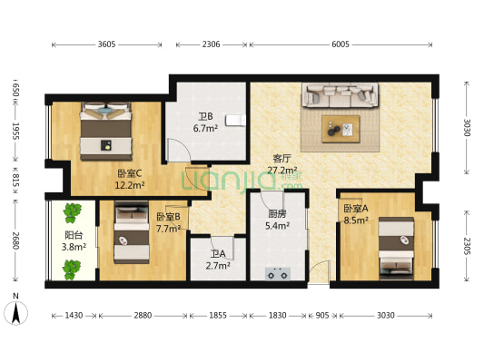 楚天都市雅园 3室1厅2卫 114平方